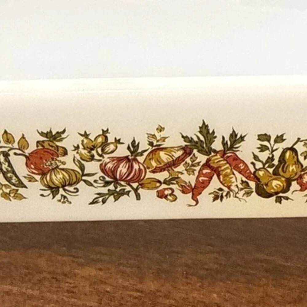 Vintage Anchor Hocking 441 Loaf Pan Baking Dish Vegetable Harvest Pattern 5x9